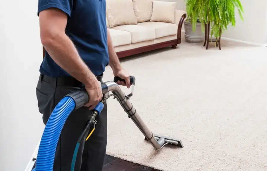 Technician performing professional carpet cleaning in a New York home